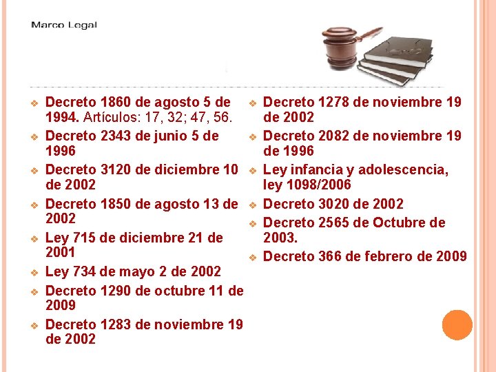 v v v v Decreto 1860 de agosto 5 de 1994. Artículos: 17, 32; v v v v Decreto 1860 de agosto 5 de 1994. Artículos: 17, 32;