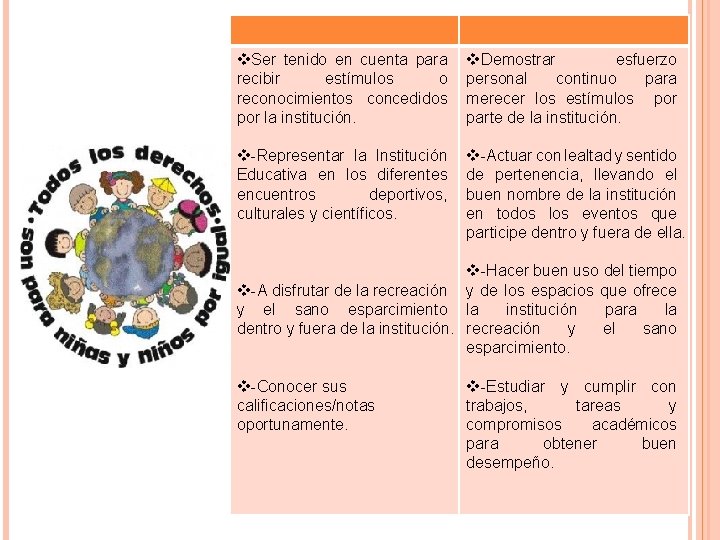 v. Ser tenido en cuenta para recibir estímulos o reconocimientos concedidos por la institución. v. Ser tenido en cuenta para recibir estímulos o reconocimientos concedidos por la institución.