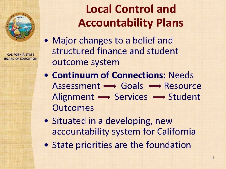 Local Control and Accountability Plans CALIFORNIA STATE BOARD OF EDUCATION • Major changes to