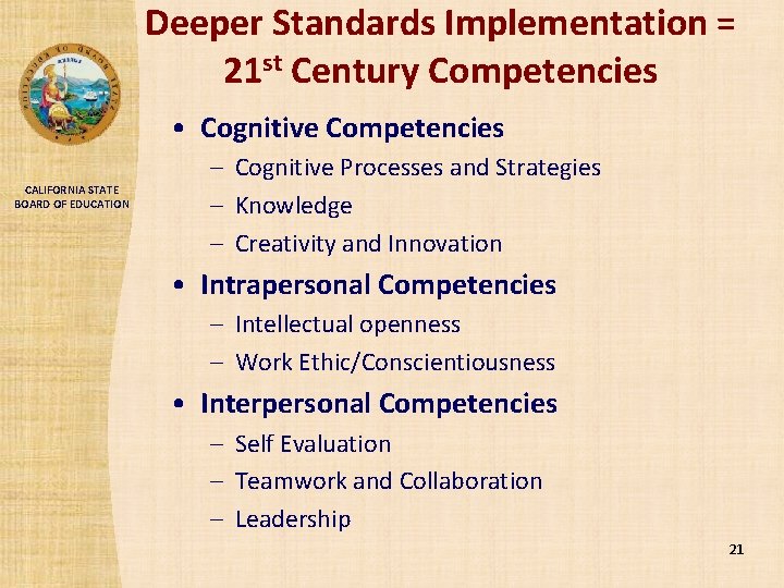 Deeper Standards Implementation = 21 st Century Competencies • Cognitive Competencies CALIFORNIA STATE BOARD