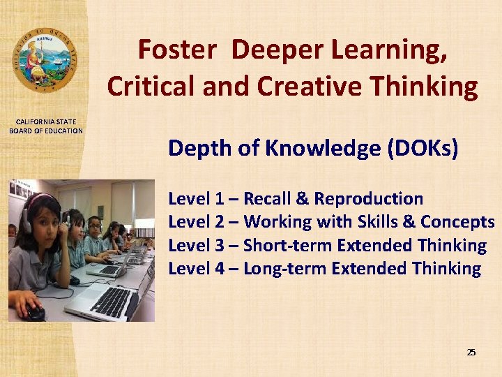 Foster Deeper Learning, Critical and Creative Thinking CALIFORNIA STATE BOARD OF EDUCATION Depth of
