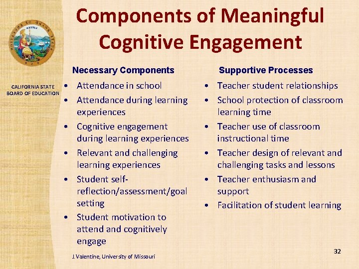 Components of Meaningful Cognitive Engagement Necessary Components CALIFORNIA STATE BOARD OF EDUCATION • Attendance