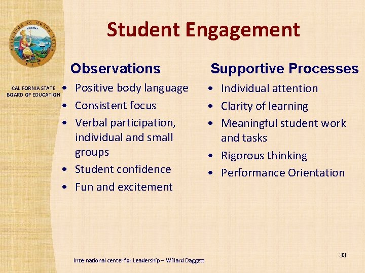 Student Engagement Observations CALIFORNIA STATE BOARD OF EDUCATION • Positive body language • Consistent