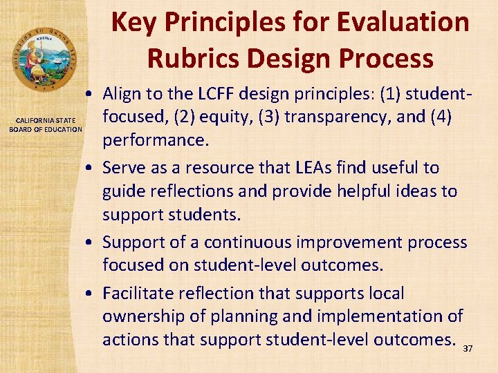 Key Principles for Evaluation Rubrics Design Process CALIFORNIA STATE BOARD OF EDUCATION • Align