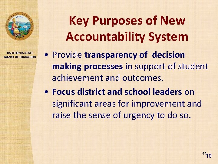 Key Purposes of New Accountability System CALIFORNIA STATE BOARD OF EDUCATION • Provide transparency