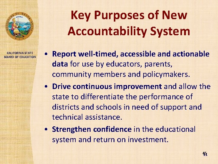 Key Purposes of New Accountability System CALIFORNIA STATE BOARD OF EDUCATION • Report well-timed,