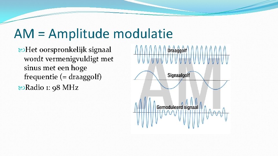 AM = Amplitude modulatie Het oorspronkelijk signaal wordt vermenigvuldigt met sinus met een hoge