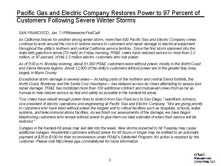Pacific Gas and Electric Company Restores Power to 97 Percent of Customers Following Severe