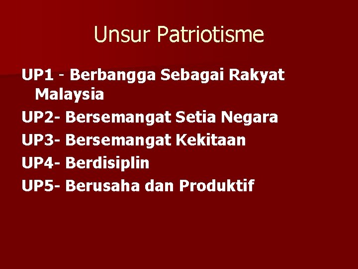 Unsur Patriotisme UP 1 - Berbangga Sebagai Rakyat Malaysia UP 2 - Bersemangat Setia
