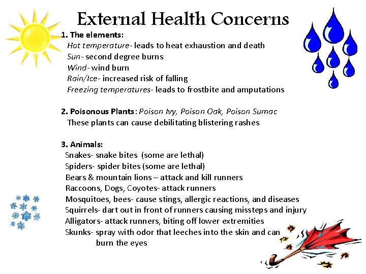 External Health Concerns 1. The elements: Hot temperature- leads to heat exhaustion and death