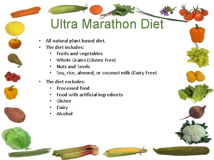 Ultra Marathon Diet • All natural plant based diet. • The diet includes: •