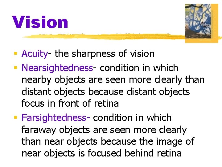 Vision § Acuity- the sharpness of vision § Nearsightedness- condition in which nearby objects