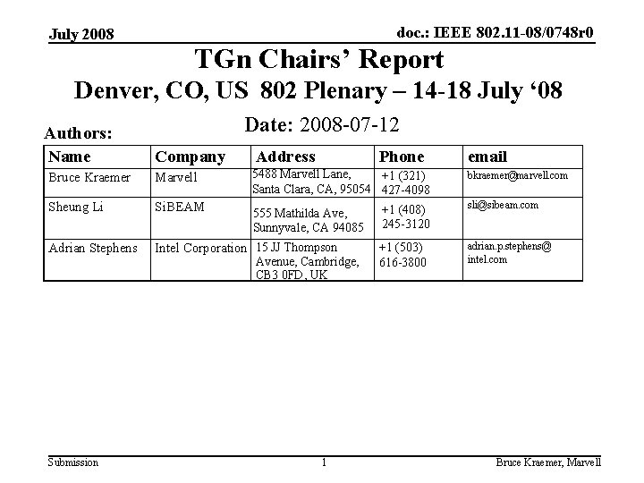 July 2008 doc. : IEEE 802. 11 -08/0748 r 0 TGn Chairs’ Report Denver,