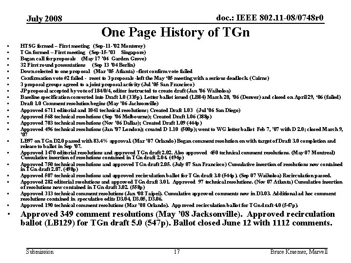 doc. : IEEE 802. 11 -08/0748 r 0 July 2008 One Page History of