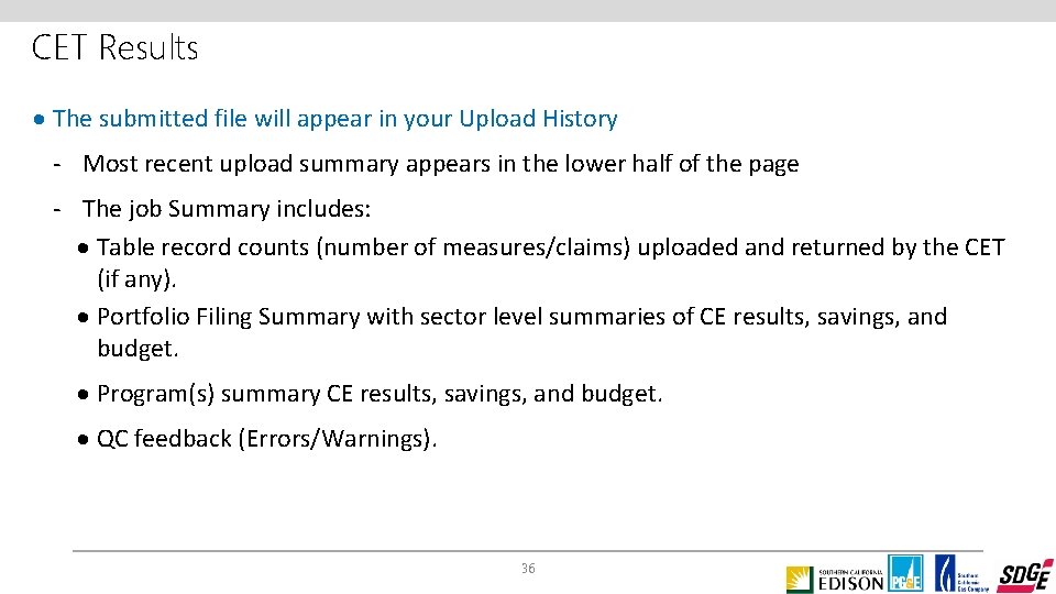 CET Results · The submitted file will appear in your Upload History - Most