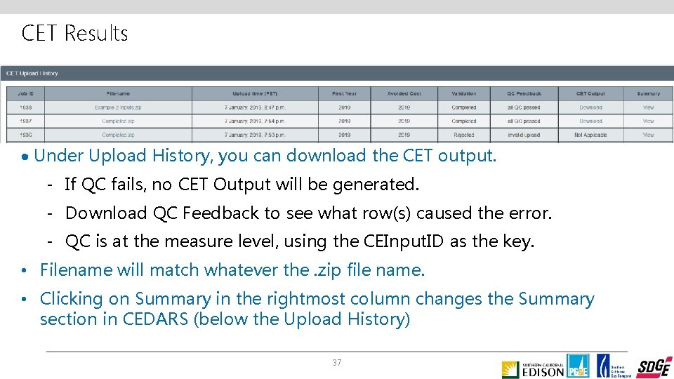 CET Results · Under Upload History, you can download the CET output. - If