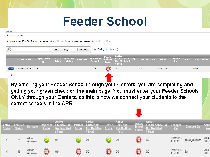 Feeder School By entering your Feeder School through your Centers, you are completing and