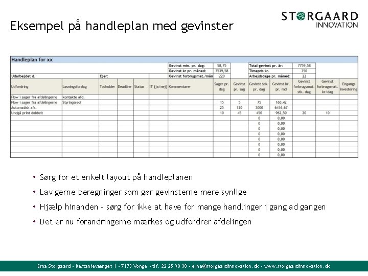 Eksempel på handleplan med gevinster • Sørg for et enkelt layout på handleplanen •