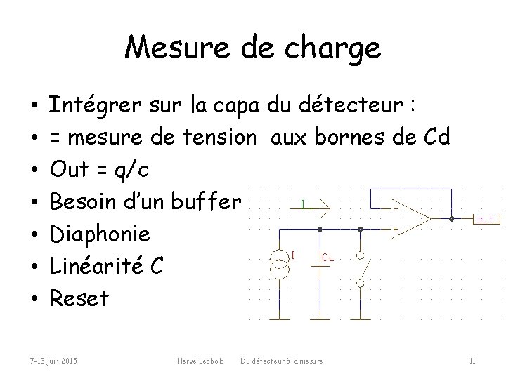 Mesure de charge • • Intégrer sur la capa du détecteur : = mesure