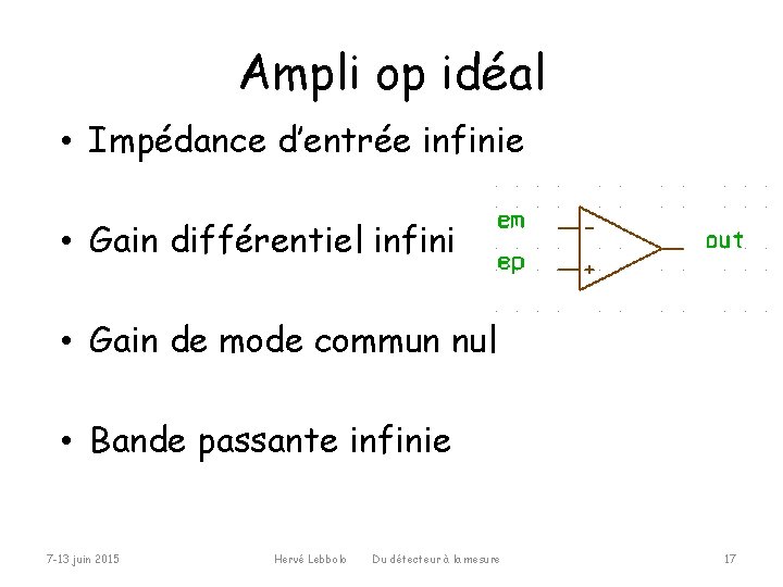 Ampli op idéal • Impédance d’entrée infinie • Gain différentiel infini • Gain de