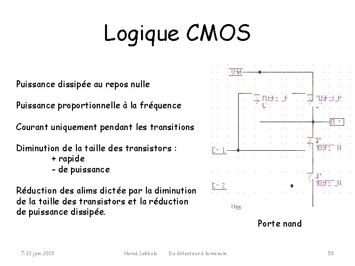 Logique CMOS Puissance dissipée au repos nulle Puissance proportionnelle à la fréquence Courant uniquement