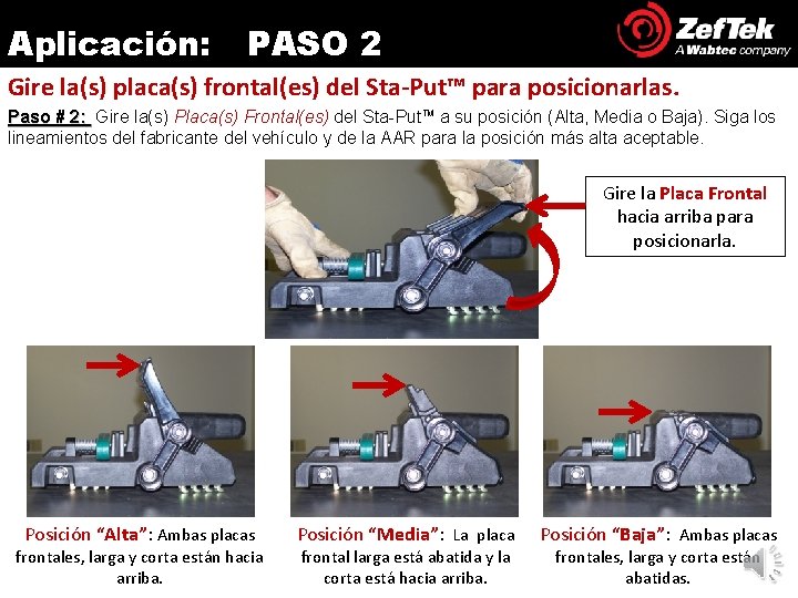 Aplicación: PASO 2 Gire la(s) placa(s) frontal(es) del Sta-Put™ para posicionarlas. Paso # 2: