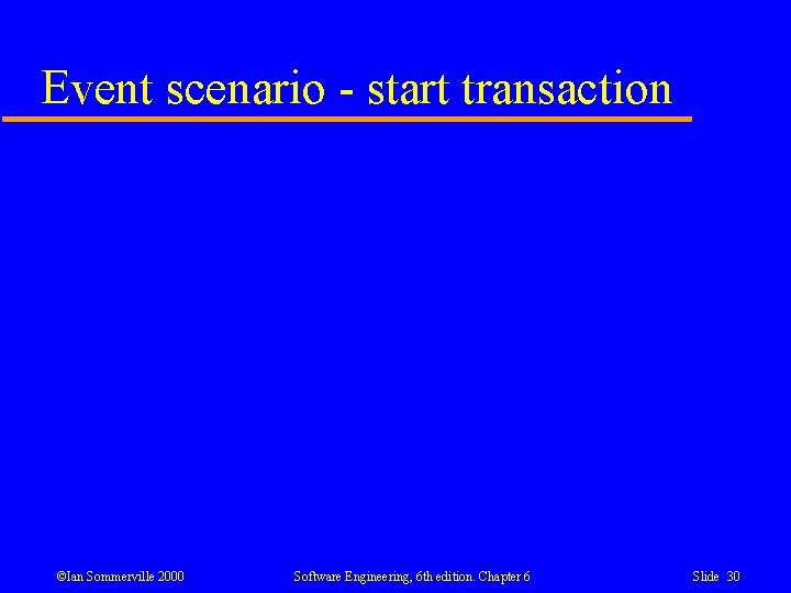Event scenario - start transaction ©Ian Sommerville 2000 Software Engineering, 6 th edition. Chapter