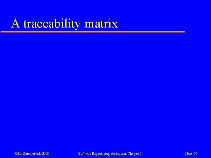 A traceability matrix ©Ian Sommerville 2000 Software Engineering, 6 th edition. Chapter 6 Slide