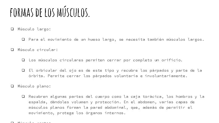 formas de los músculos. ❏ Músculo largo: ❏ Para el movimiento de un hueso