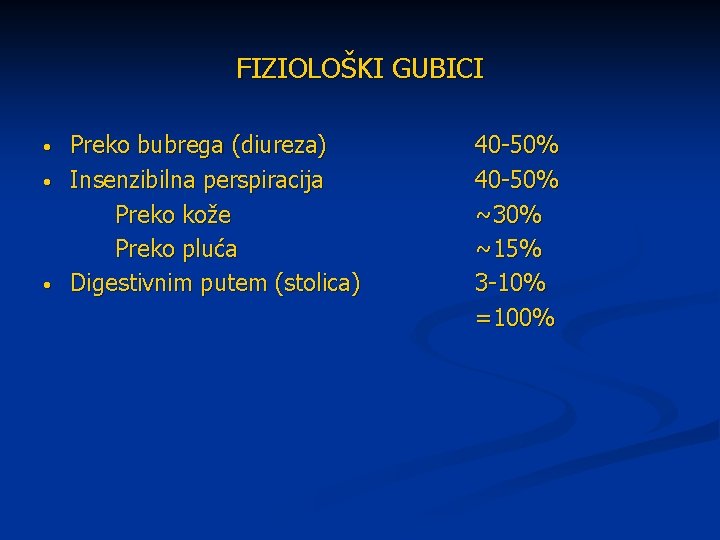 FIZIOLOŠKI GUBICI • • • Preko bubrega (diureza) Insenzibilna perspiracija Preko kože Preko pluća