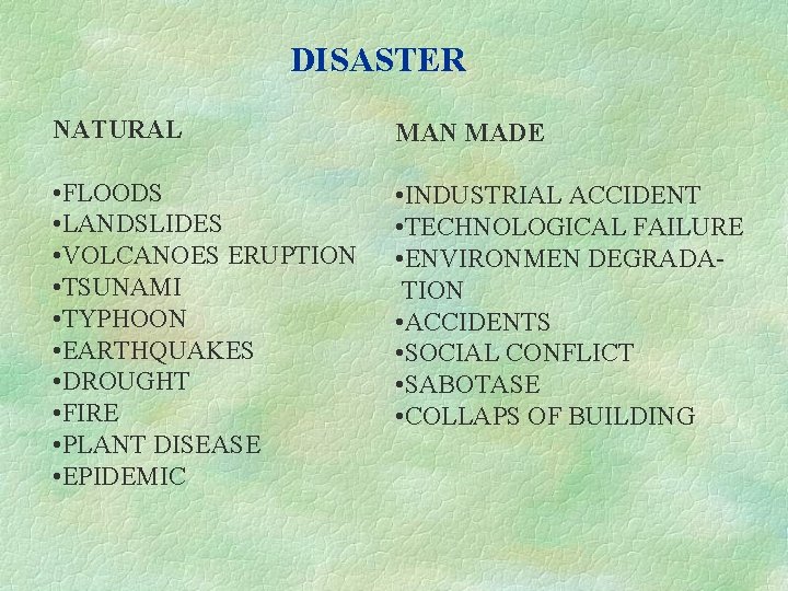 DISASTER NATURAL MAN MADE • FLOODS • LANDSLIDES • VOLCANOES ERUPTION • TSUNAMI •