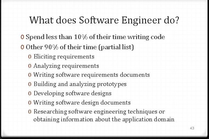 What does Software Engineer do? 0 Spend less than 10% of their time writing