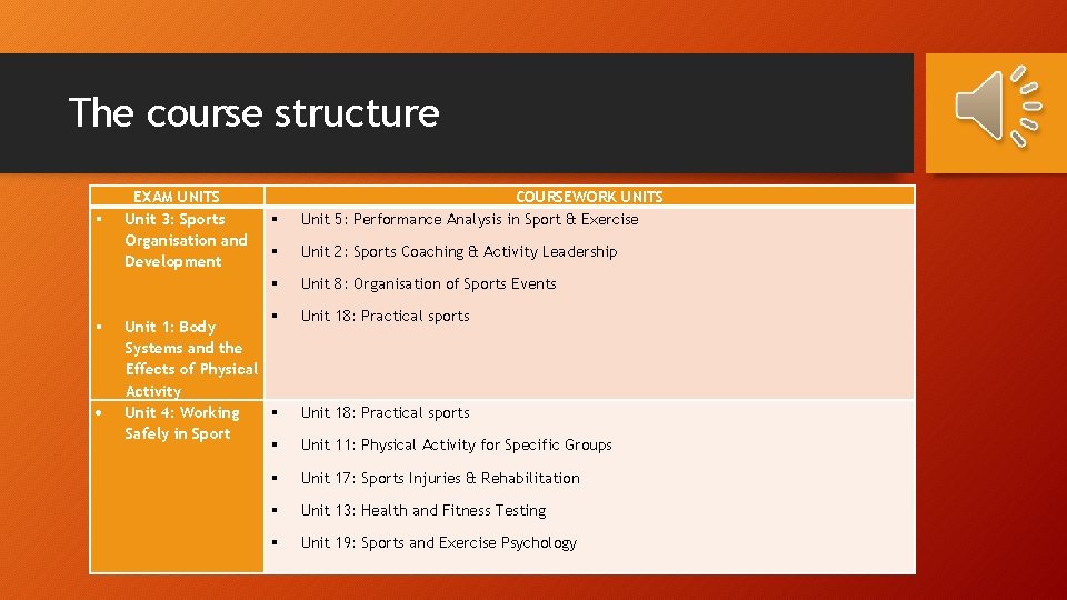 The course structure EXAM UNITS Unit 3: Sports Organisation and Development COURSEWORK UNITS Unit