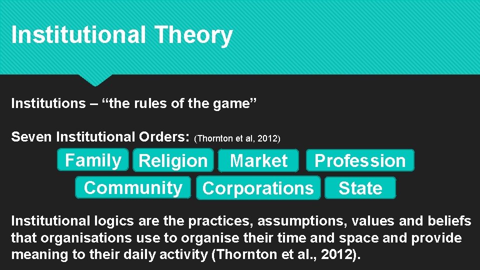 Institutional Theory Institutions – “the rules of the game” Seven Institutional Orders: (Thornton et