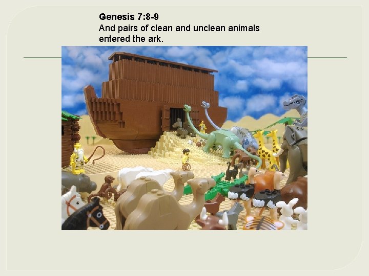 Genesis 7: 8 -9 And pairs of clean and unclean animals entered the ark.
