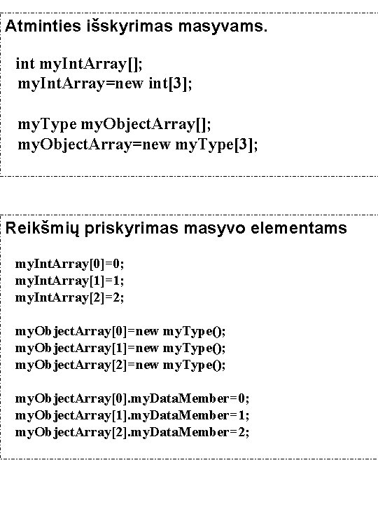 Atminties išskyrimas masyvams. int my. Int. Array[]; my. Int. Array=new int[3]; my. Type my.