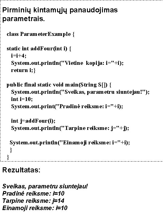Pirminių kintamųjų panaudojimas parametrais. class Parameter. Example { static int add. Four(int i) {