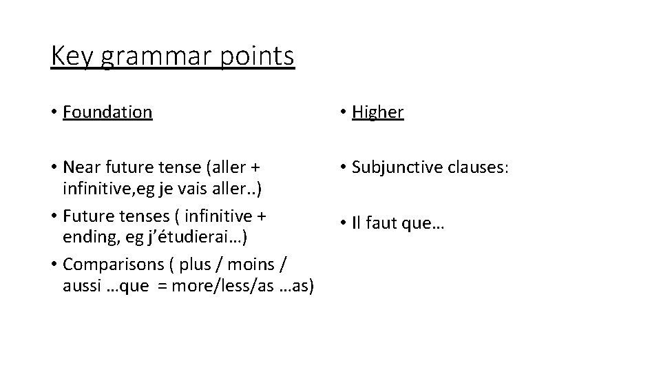 Key grammar points • Foundation • Higher • Near future tense (aller + infinitive,