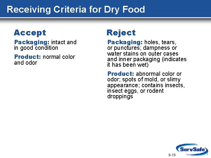 Receiving Criteria for Dry Food Accept Packaging: intact and in good condition Product: normal