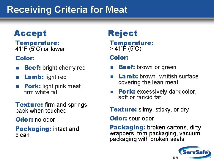 Receiving Criteria for Meat Accept Temperature: 41 F (5 C) or lower Color: Reject