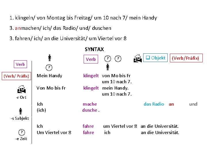 1. klingeln/ von Montag bis Freitag/ um 10 nach 7/ mein Handy 3. anmachen/