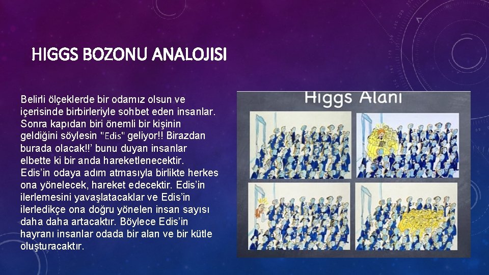 HIGGS BOZONU ANALOJISI Belirli ölçeklerde bir odamız olsun ve içerisinde birbirleriyle sohbet eden insanlar.