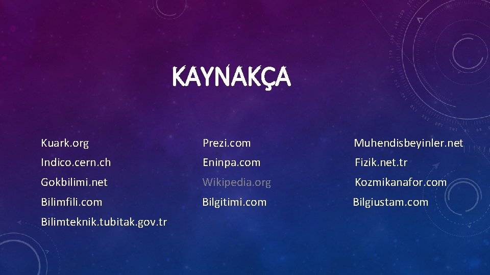 KAYNAKÇA Kuark. org Prezi. com Muhendisbeyinler. net Indico. cern. ch Eninpa. com Fizik. net.