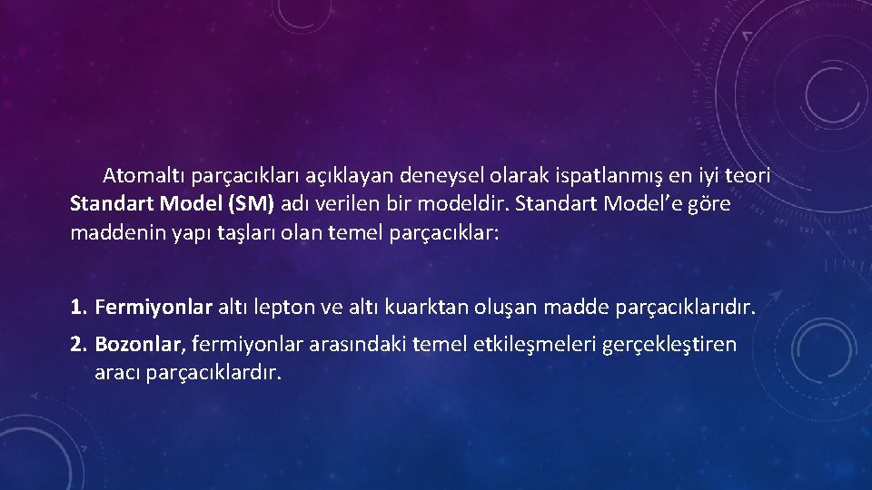 Atomaltı parçacıkları açıklayan deneysel olarak ispatlanmış en iyi teori Standart Model (SM) adı verilen