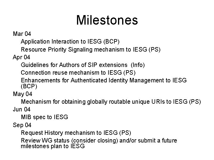 Milestones Mar 04 Application Interaction to IESG (BCP) Resource Priority Signaling mechanism to IESG