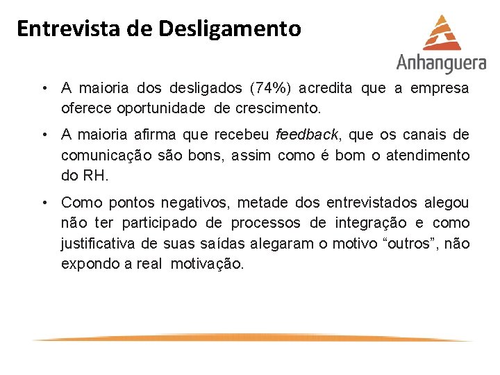Entrevista de Desligamento • A maioria dos desligados (74%) acredita que a empresa oferece