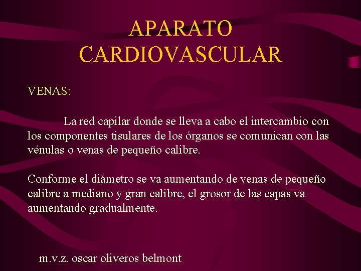 APARATO CARDIOVASCULAR VENAS: La red capilar donde se lleva a cabo el intercambio con