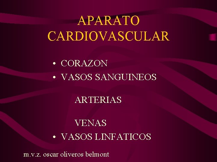 APARATO CARDIOVASCULAR • CORAZON • VASOS SANGUINEOS ARTERIAS VENAS • VASOS LINFATICOS m. v.