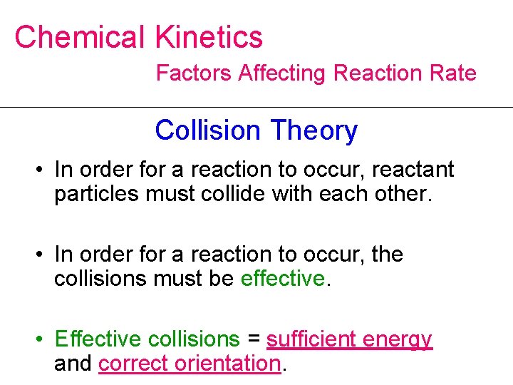 Chemical Kinetics Factors Affecting Reaction Rate Collision Theory • In order for a reaction