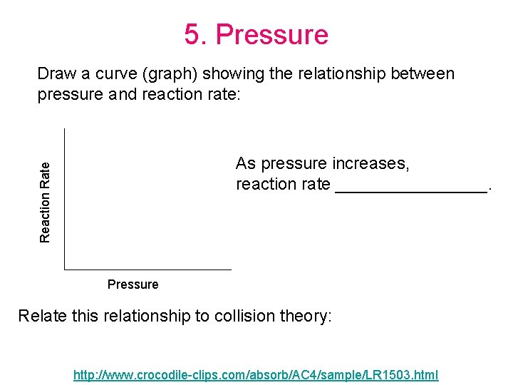 5. Pressure Draw a curve (graph) showing the relationship between pressure and reaction rate: